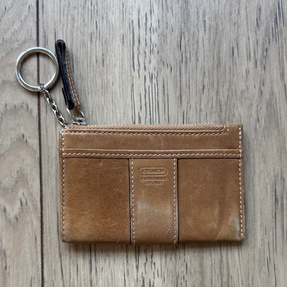 Vintage Coach Brown Leather Card Holder Coin Purse Keychain Holder